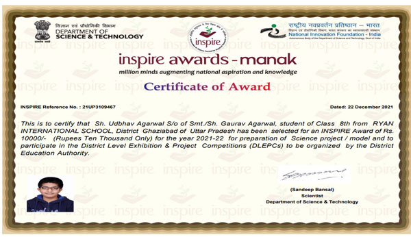 Udbhav Agarwal - Inspire Award Manak  - Ryan International School, Dasna, Ghaziabad