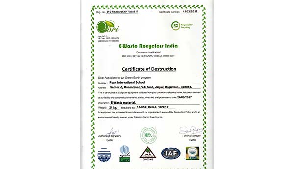 Appreciation certificate for E-waste Material - Ryan International School Mansarovar, Jaipur