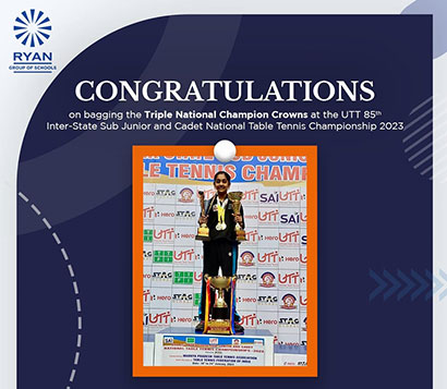 Ms. Divyanshi Bhowmick for securing the Triple 'National Champion' Crown at the 85th Inter-State Sub Junior and Cadet National Table Tennis Championships 2023.