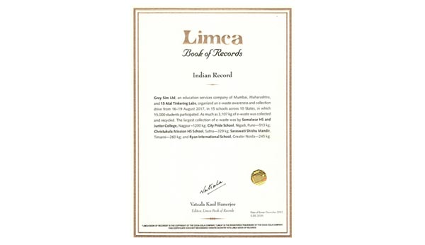 Limca Book Of Records 2018 For Collecting E-waste-  Ryan International School, Greater Noida