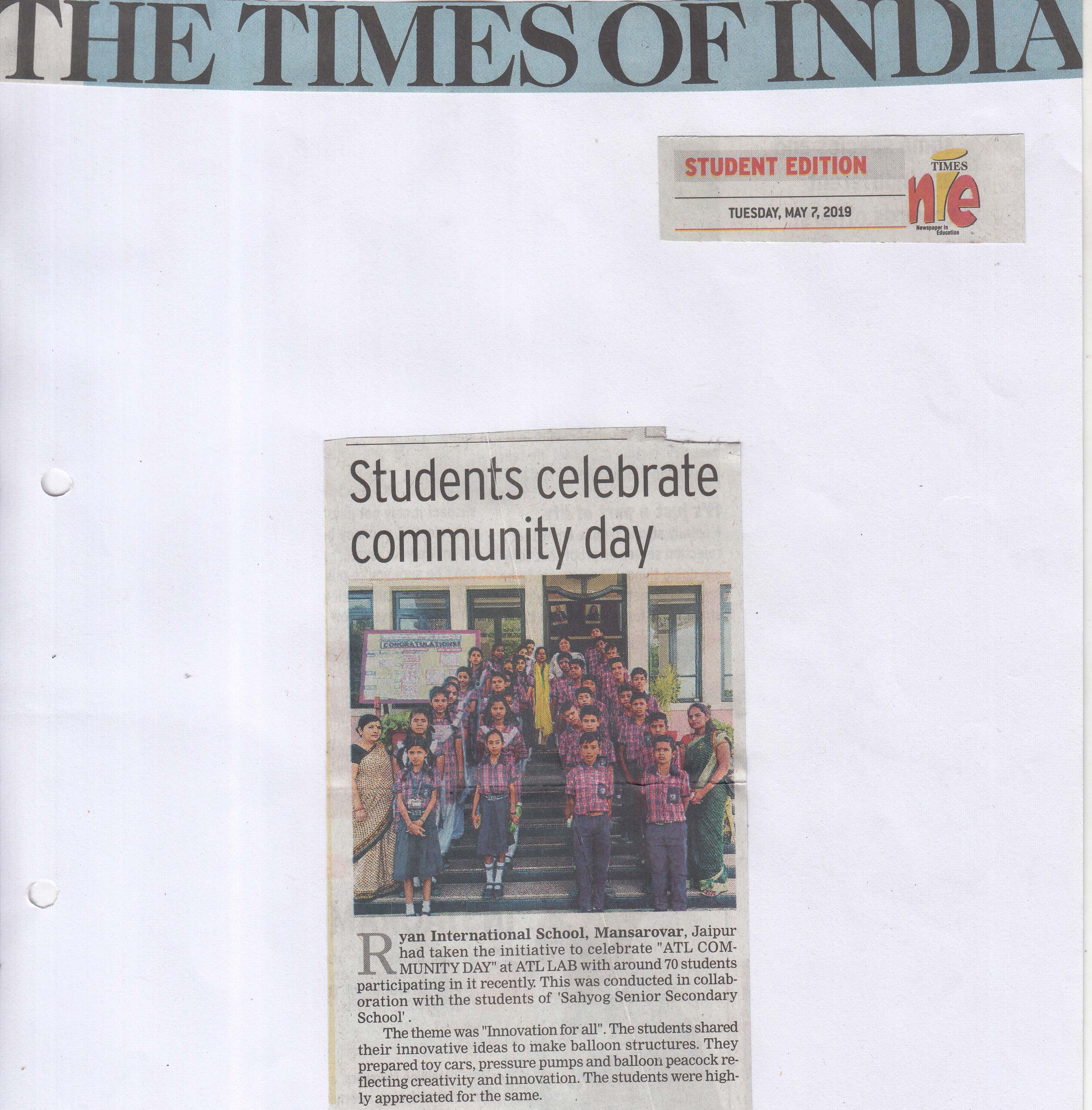 Students celebrate ATL community day Featured in Times of India - Ryan International School Mansarovar, Jaipur