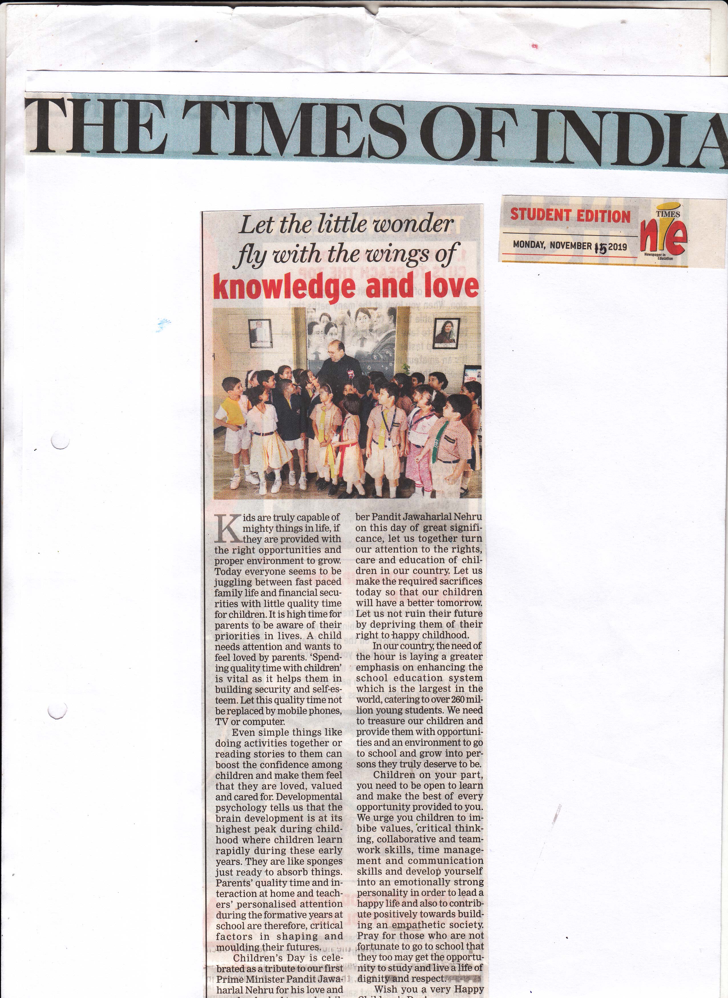 Children’s Day Celebration featured in Times of India - Ryan International School Mansarovar, Jaipur