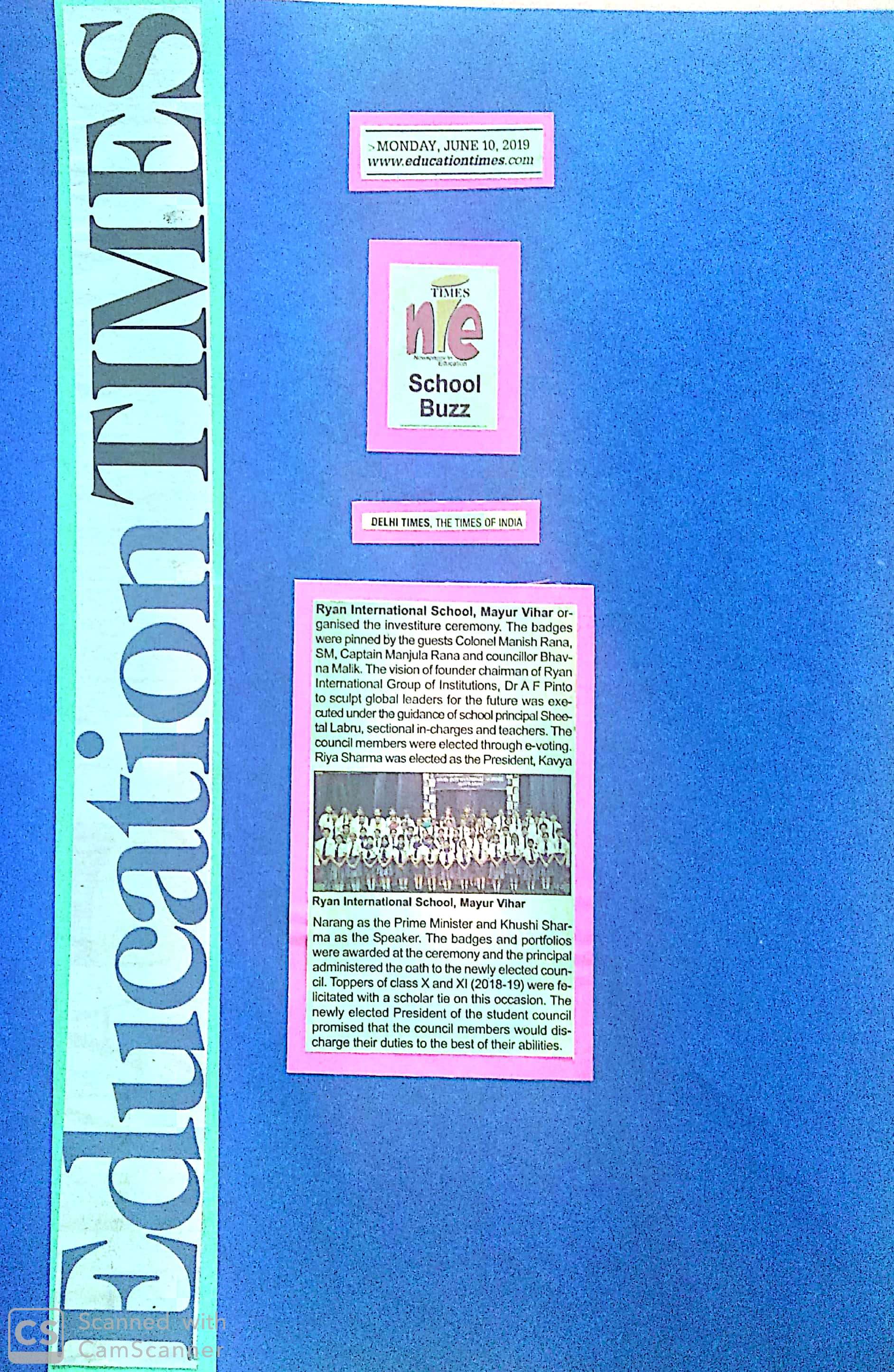 Investiture ceremony - Times Of India- Ryan International School Mayur Vihar, Delhi
