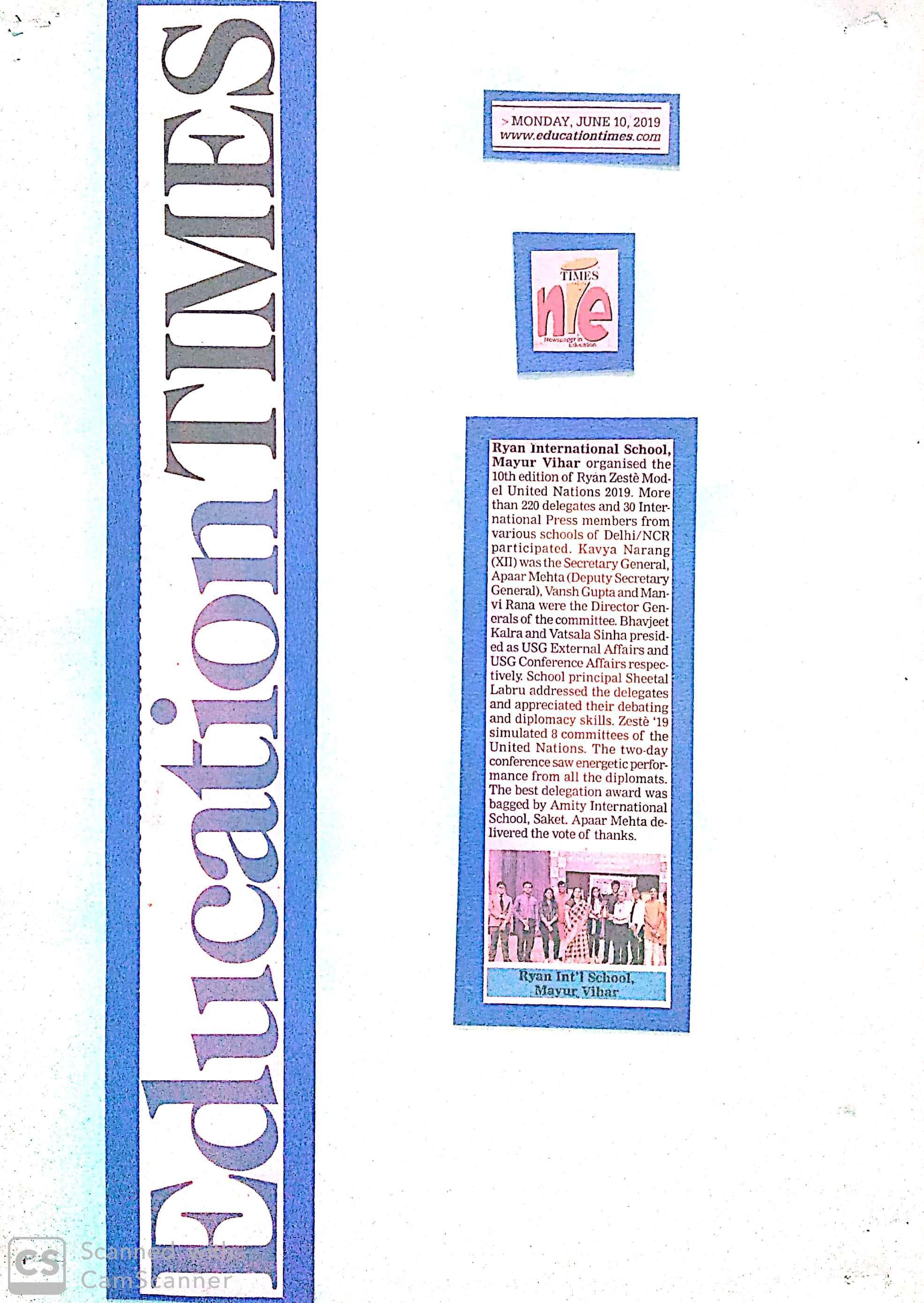 10th Edition of Ryan Zeste Model United Nations 2019 - Times of India - Ryan International School Mayur Vihar, Delhi