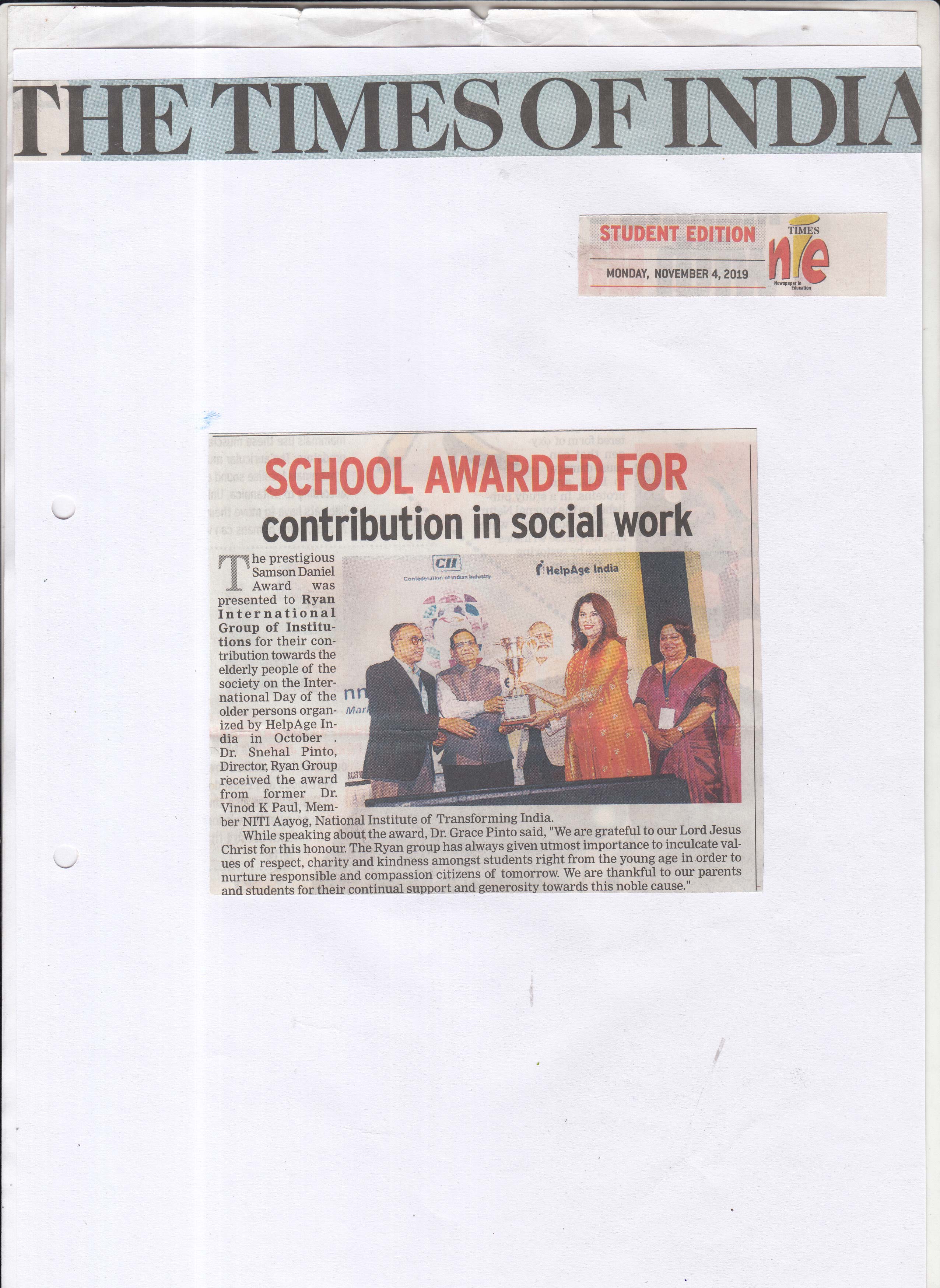 School awarded for contribution in Social Work - Ryan International School Mansarovar, Jaipur