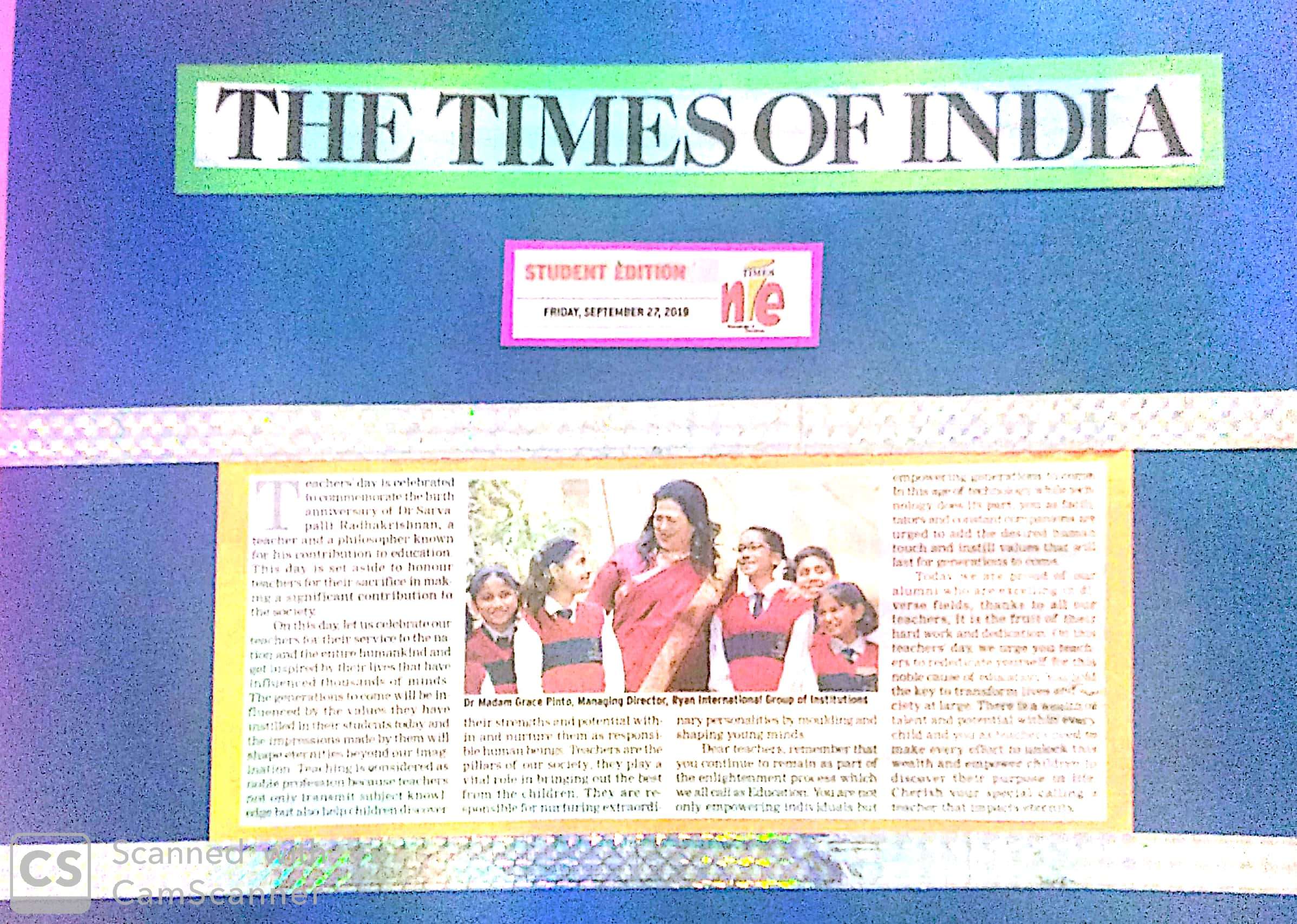 Teacher’s day’ - Times of India- Ryan International School Mayur Vihar, Delhi