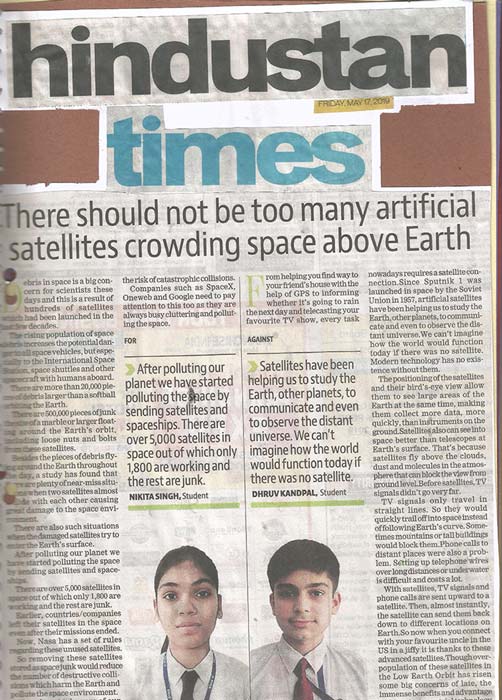 2 Students of ryan International School were featured in HT for their debate about satellites orbiting the earth - Ryan International School Greater Noida - Ryan Group